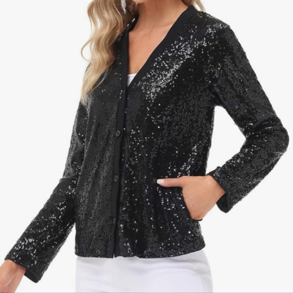 KANCY KOLE Women's Sequin Jacket Long Sleeve Button Down Shiny black - Picture 2 of 9
